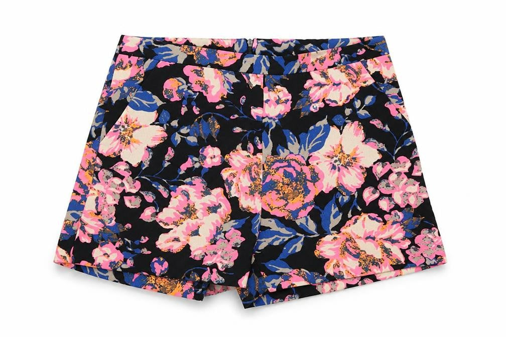 Front view of Atmosphere women’s multicoloured floral polyester hot pants shorts, size UK 8, 3-inch leg regular