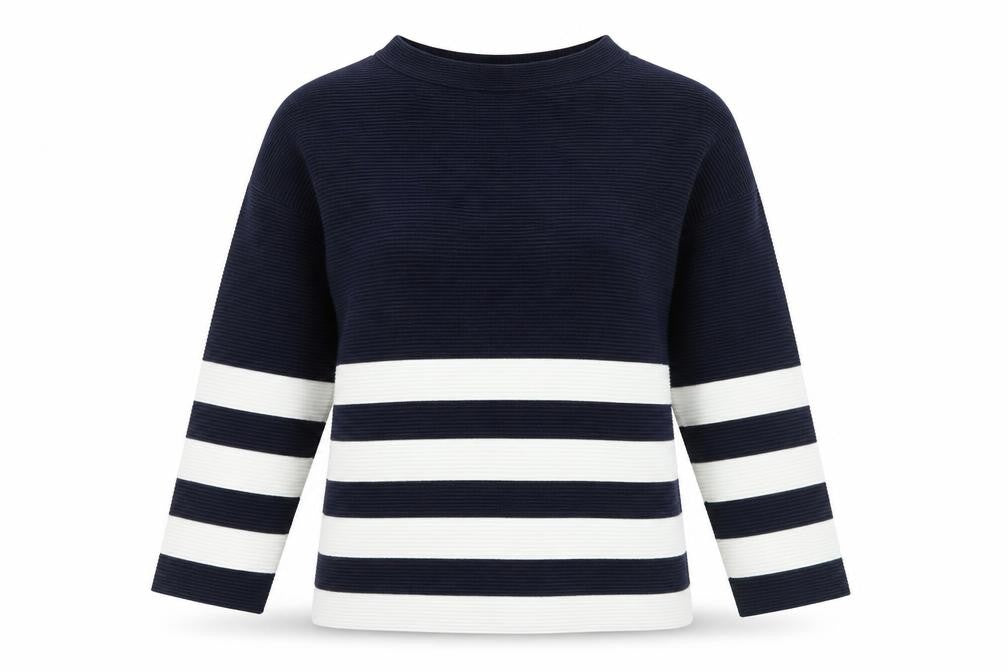 Front view of Wallis women’s blue mock neck striped cotton jumper, size S