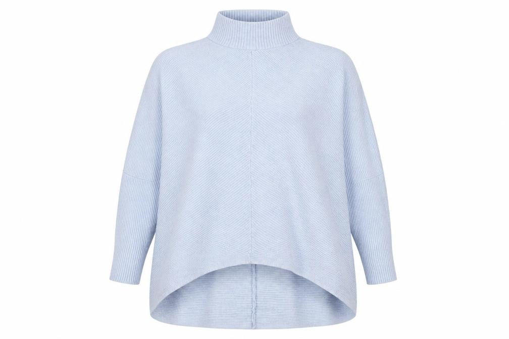 Front view of Preworn women’s blue mock neck viscose jumper, size L