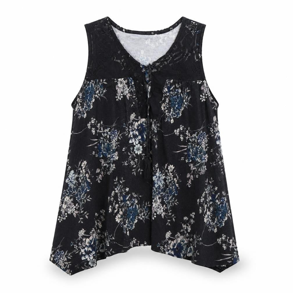 Konk Rose Womens Black Floral Cotton Basic Blouse Size L Scoop Neck