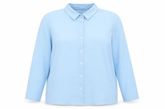 Front view of Boohoo women’s blue polyester basic button-up, size UK 16, collared