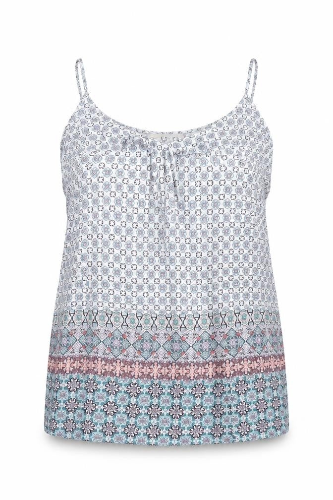 Front view of Oasis women’s multicoloured geometric viscose basic t-shirt, size UK 10, scoop neck
