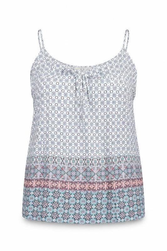 Front view of Oasis women’s multicoloured geometric viscose basic t-shirt, size UK 10, scoop neck