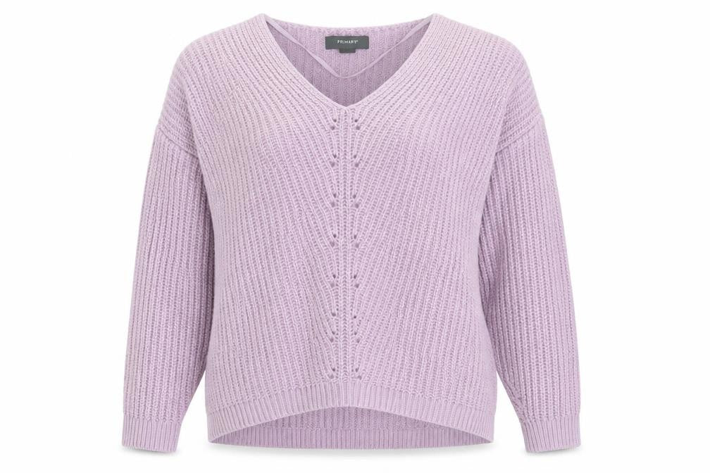 Front view of Primark women’s purple v-neck acrylic jumper, size XS