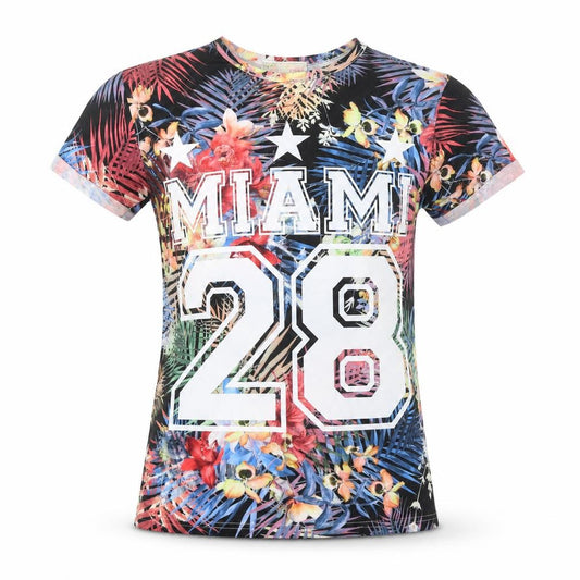 Front view of Cameo Rose women’s multicoloured floral polyester basic t-shirt, size S, round neck - miami 28