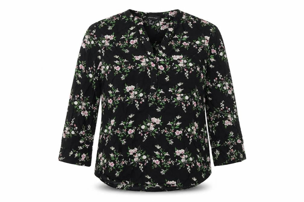 Front view of Atmosphere women’s black floral viscose basic button-up, size UK 14, v-neck