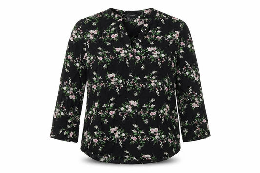 Front view of Atmosphere women’s black floral viscose basic button-up, size UK 14, v-neck
