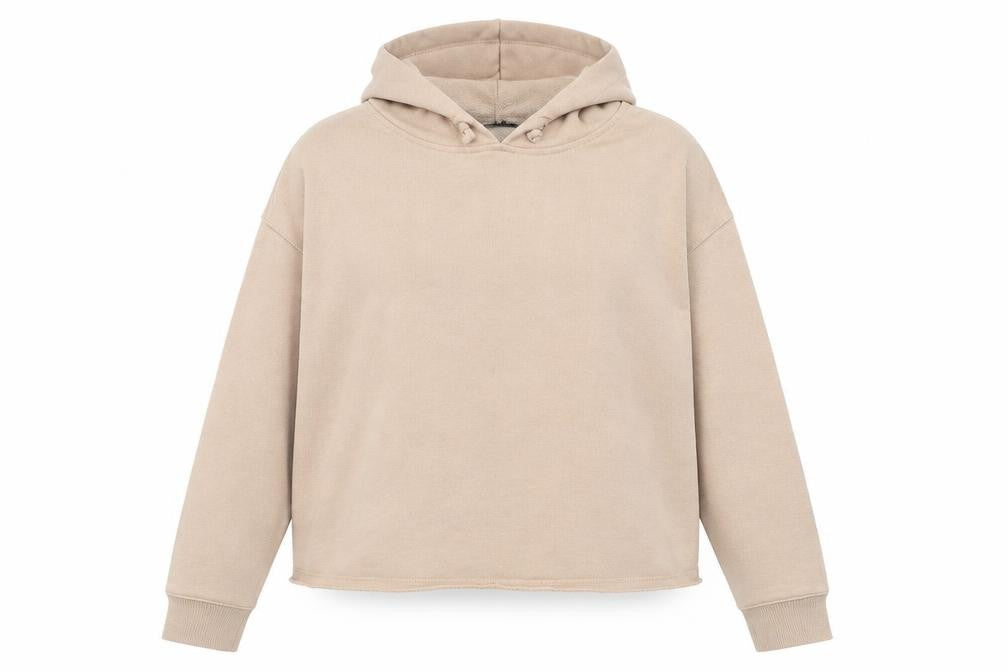 Front view of New Look women’s beige polyester pullover hoodie, size UK 8