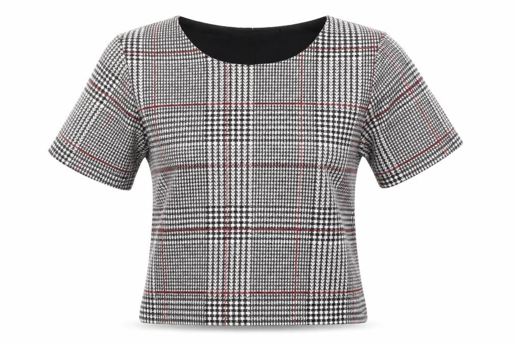 Topshop Womens Multicoloured Houndstooth Polyester Cropped T-Shirt Size 6 Round Neck