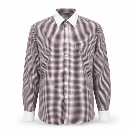 Front view of B&W men’s purple check cotton button-up, size 15.5 collared