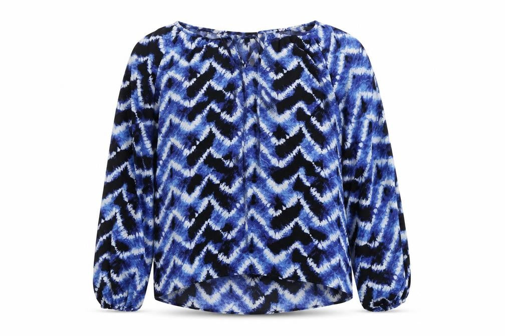 Front view of Peacocks women’s blue geometric polyester tunic blouse, size UK 14, v-neck