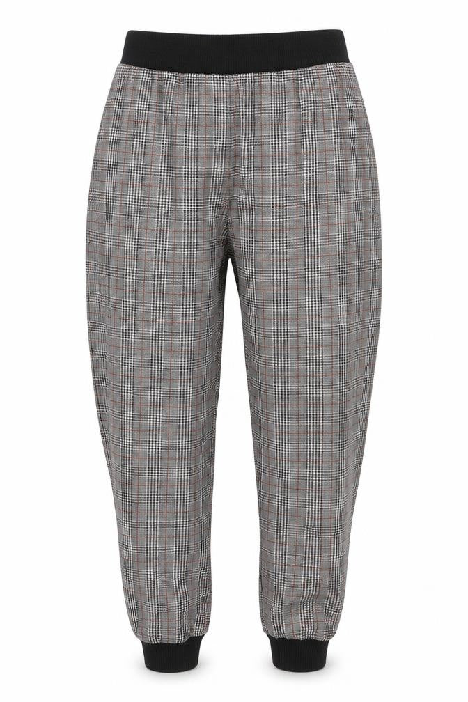 Front view of Cameo Rose women’s multicoloured plaid polyester carrot trousers, size UK 8, 27-inch leg regular