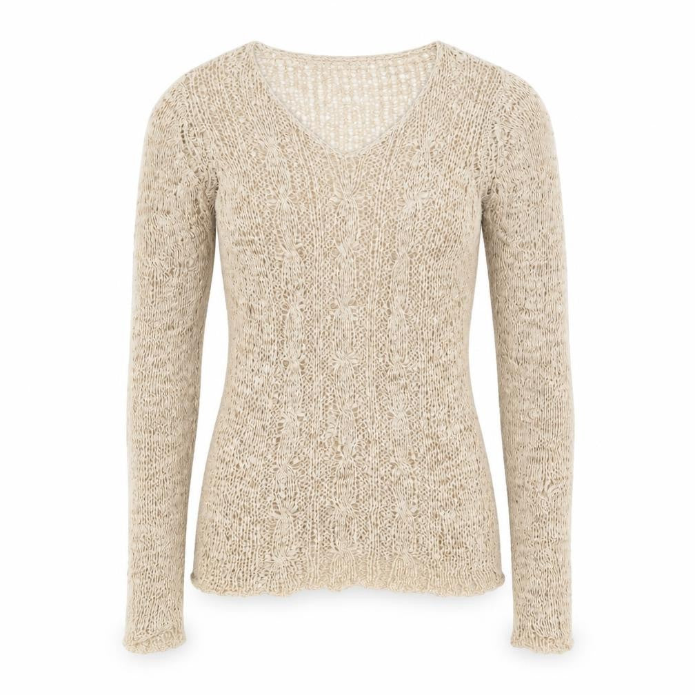 Front view of BHS women’s beige v-neck acrylic jumper, size UK 14