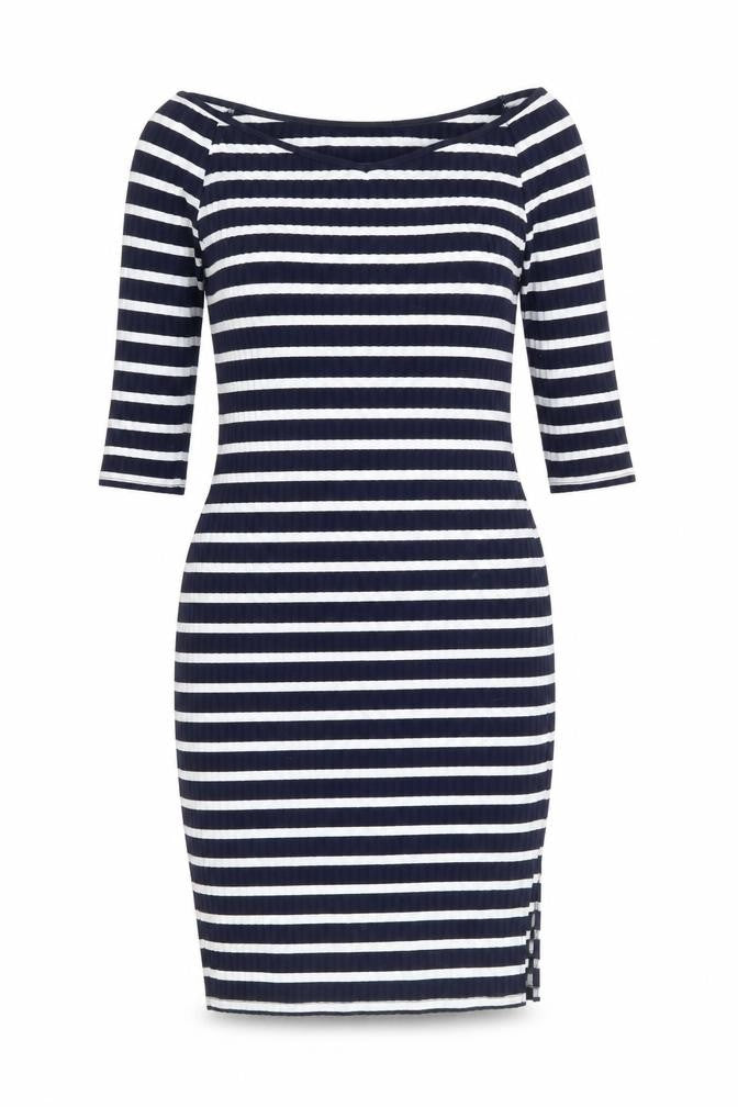 Front view of V By Very women’s blue striped polyester bodycon, size UK 12, off the shoulder pullover