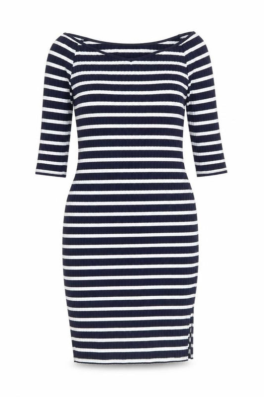 Front view of V By Very women’s blue striped polyester bodycon, size UK 12, off the shoulder pullover