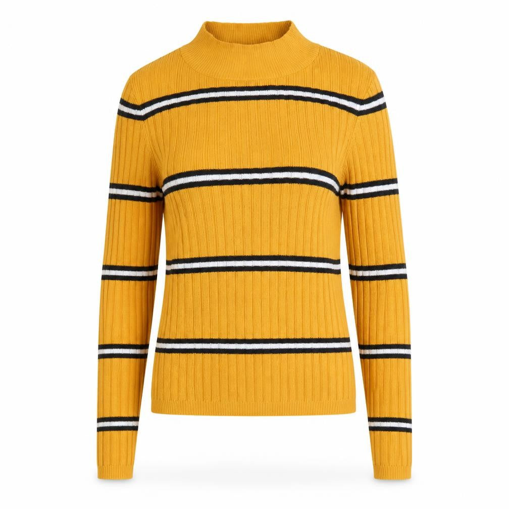 Front view of Primark women’s yellow high neck striped polyester jumper, size UK 6