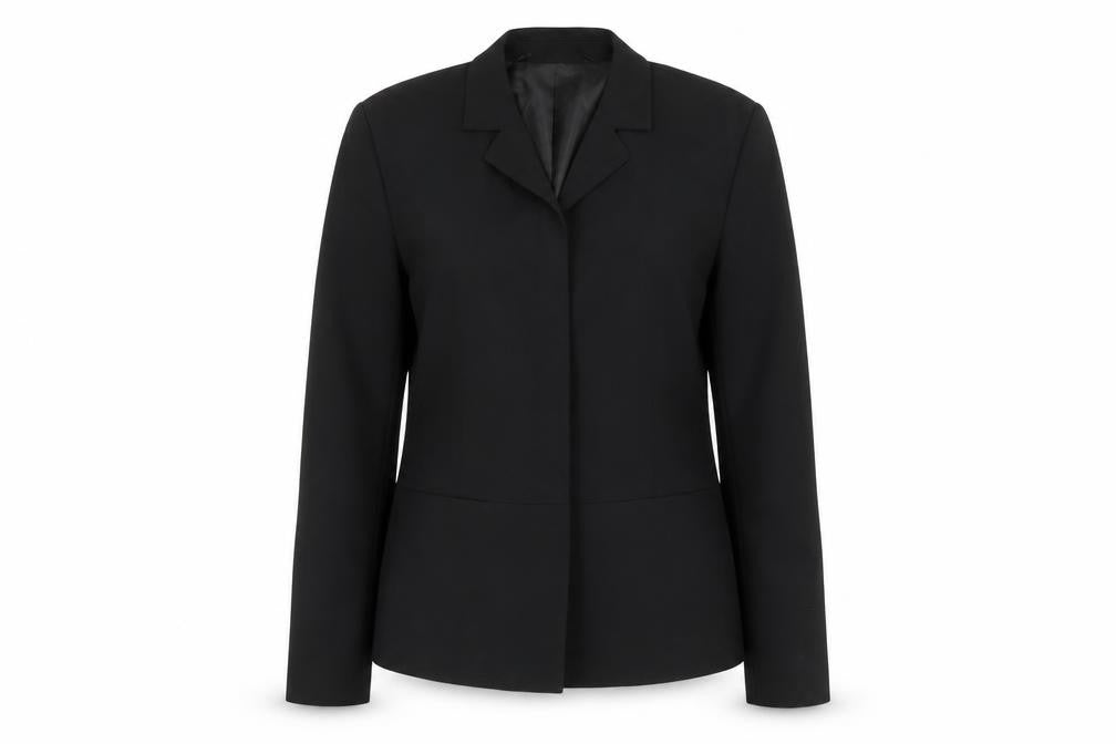 Front view of Preworn women’s black polyester jacket suit jacket, size M