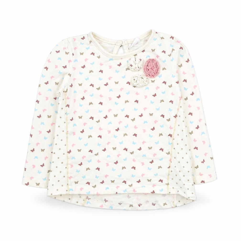 TU Girls White Floral Cotton Basic T-Shirt Size 12-18 Months Round Neck Pullover