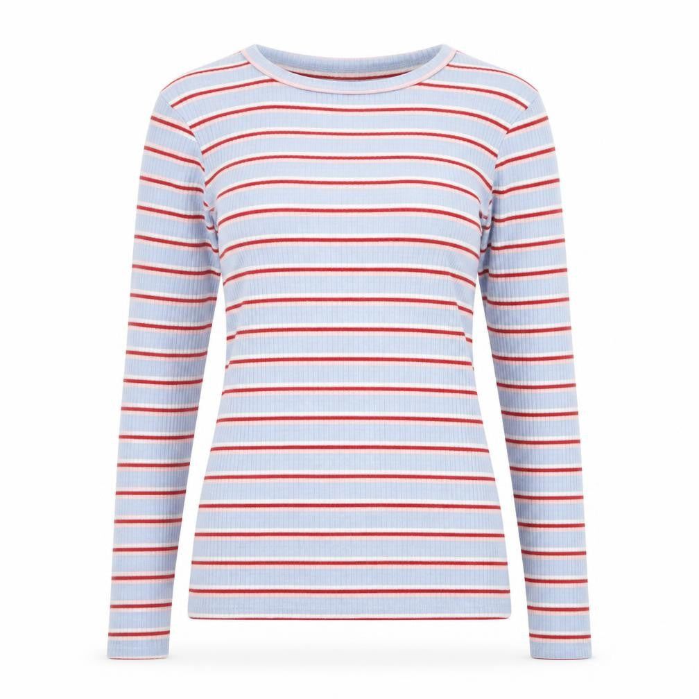 Front view of New Look women’s blue round neck striped polyester jumper, size UK 8