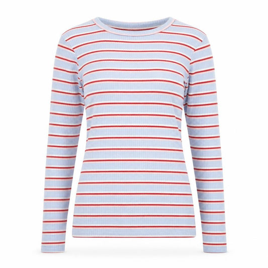 Front view of New Look women’s blue round neck striped polyester jumper, size UK 8