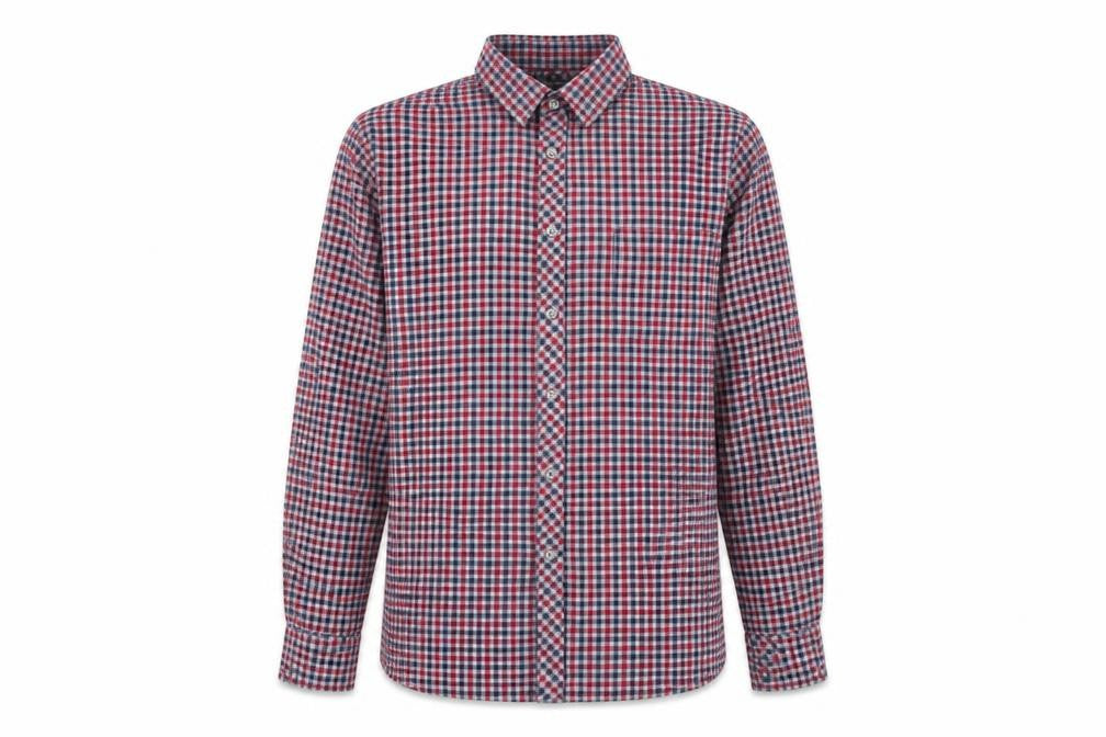 Front view of Winterbeck men’s green check cotton button-up, size M, collared button