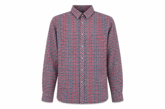 Front view of Winterbeck men’s green check cotton button-up, size M, collared button