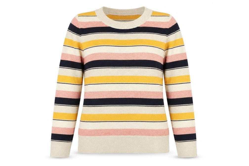 Front view of Next women’s gold round neck striped polyester jumper, size UK 8