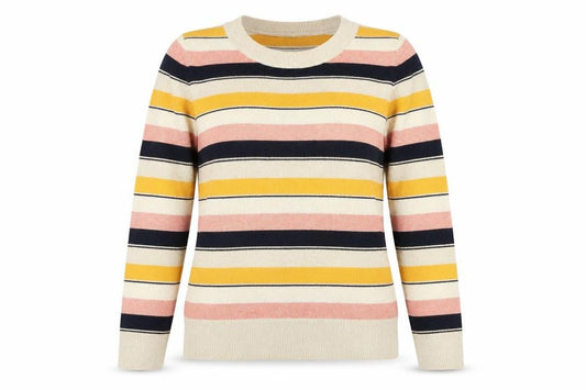 Front view of Next women’s gold round neck striped polyester jumper, size UK 8