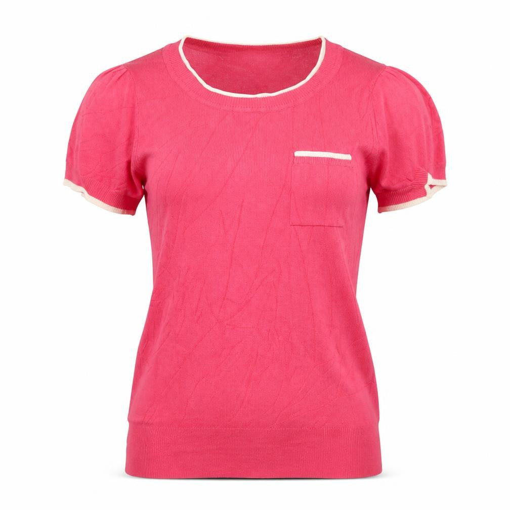 Front view of Debenhams women’s pink round neck viscose jumper, size UK 8