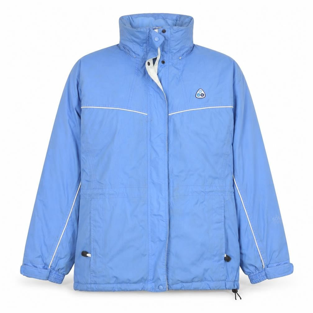 Front view of Scanda women’s blue rain coat coat, size UK 10, zip