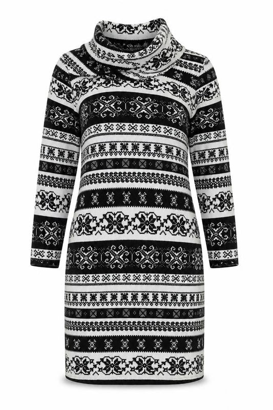 Front view of Peacocks women’s multicoloured geometric polyester pencil dress, size UK 12, roll neck