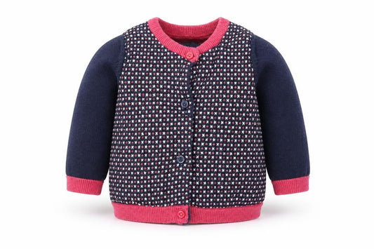 Front view of Baby Gap girls’ multicoloured geometric cotton cardigan jumper, size 0-3, months