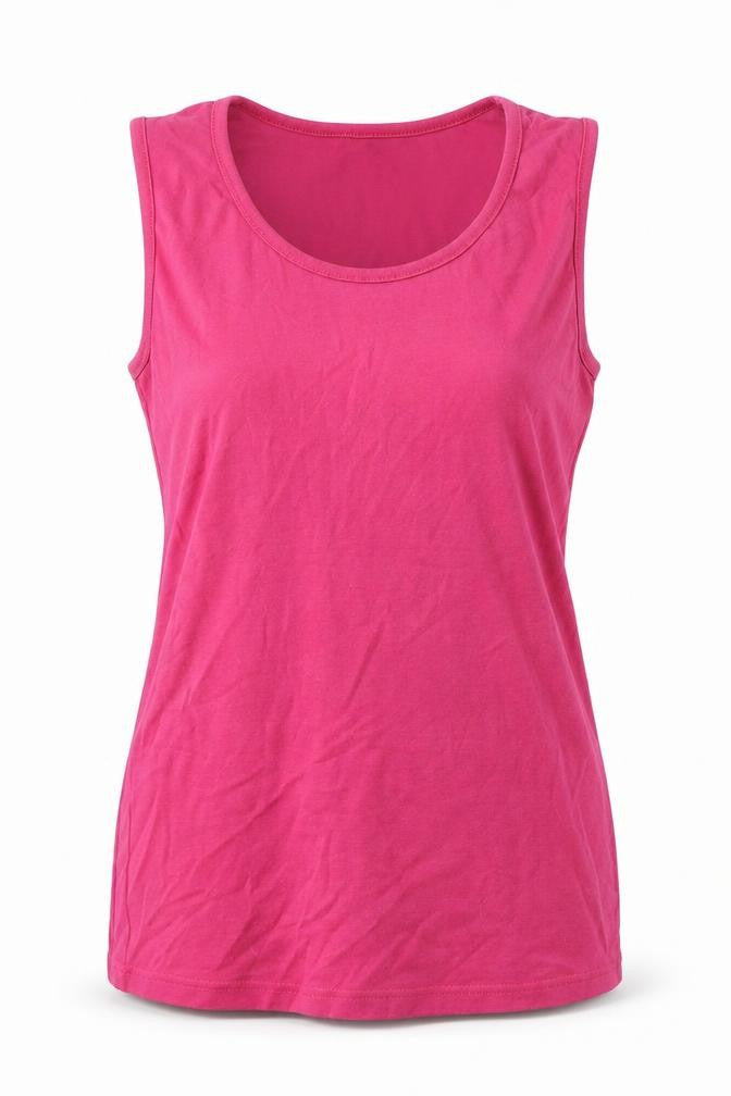Front view of Pure Cotton women’s pink cotton basic tank, size UK 16, round neck