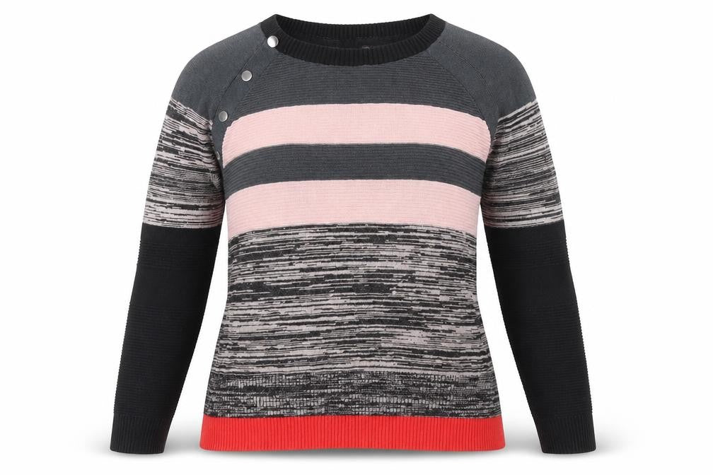 Front view of Next women’s multicoloured round neck striped viscose jumper, size UK 12
