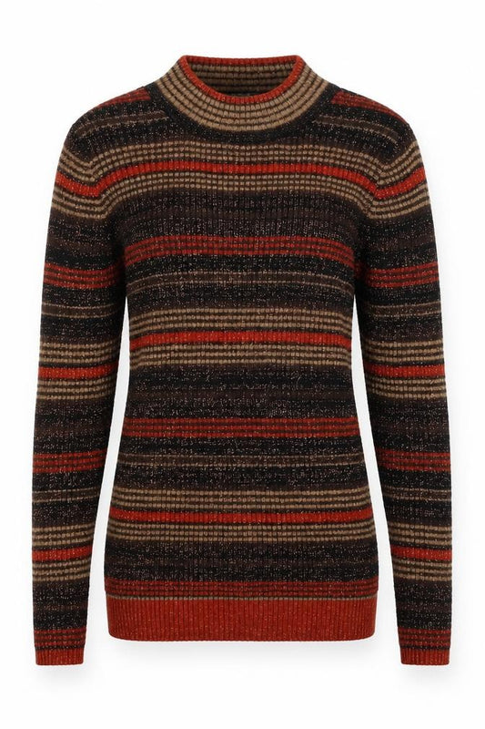Front view of South women’s multicoloured round neck striped acrylic jumper, size UK 8