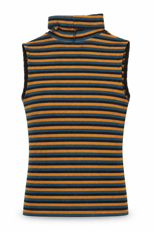 Front view of Primark women’s multicoloured round neck striped polyester vest jumper, size XS