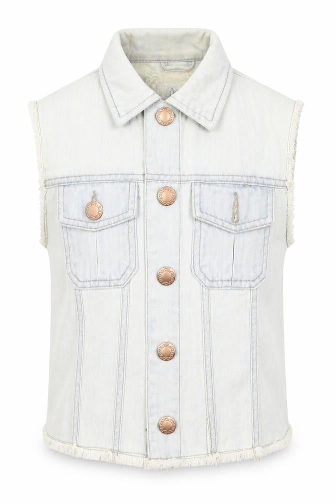 Front view of Denim & Co. women’s blue gilet jacket, size UK 10