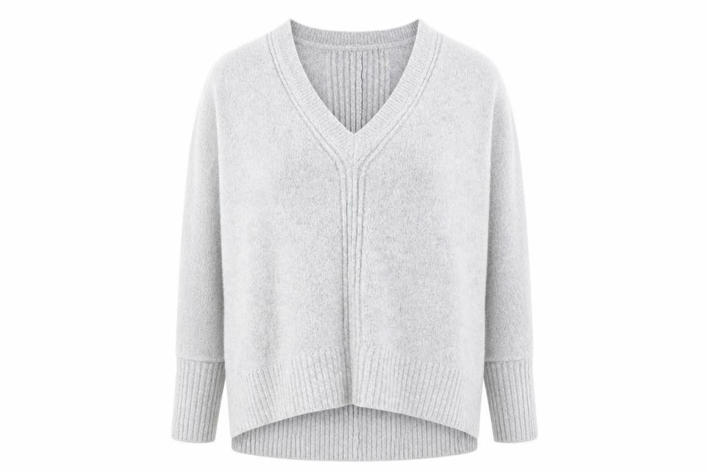 Front view of River Island women’s grey v-neck acrylic jumper, size UK 10