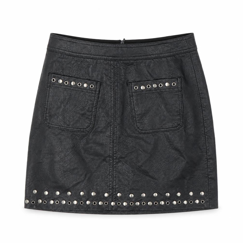 Front view of Stradivarius women’s black polyurethane a-line skirt, size UK 4