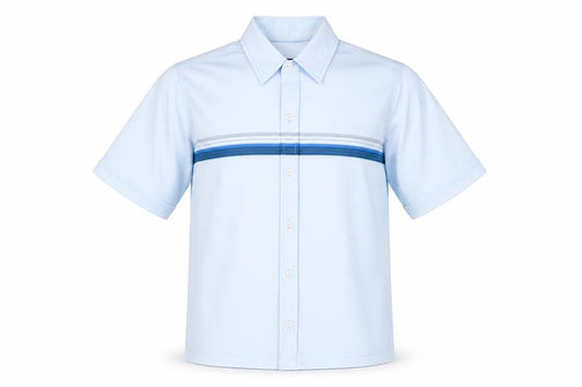 Front view of Innocentimens Collentions men’s blue striped polyester button-up, size S, collared button