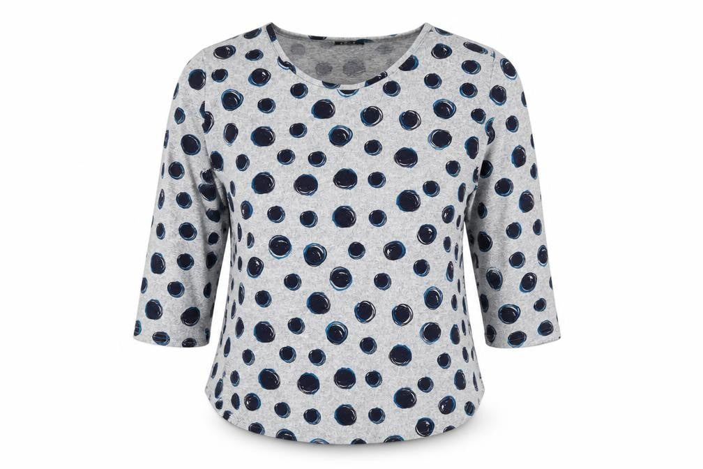 Ellie B Womens Grey Polka Dot Polyester Jersey Blouse Size L Round Neck