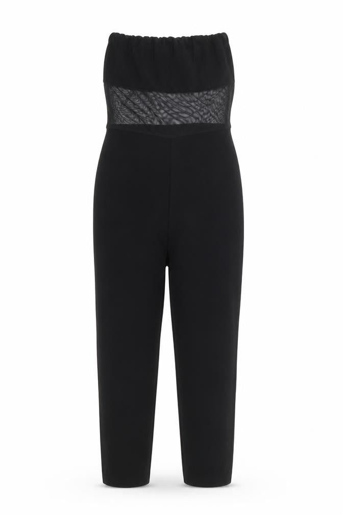 Front view of PRETTYLITTLETHING women’s black polyester jumpsuit one-piece, size UK 6, 18-inch leg