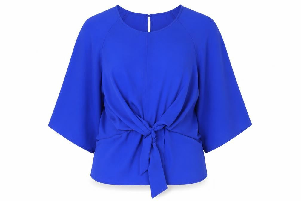 Front view of Avon women’s blue polyester kimono blouse, size UK 14, round neck