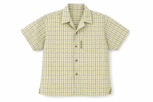 Front view of EA boys’ yellow plaid cotton basic button-up, size 6-7, years collared