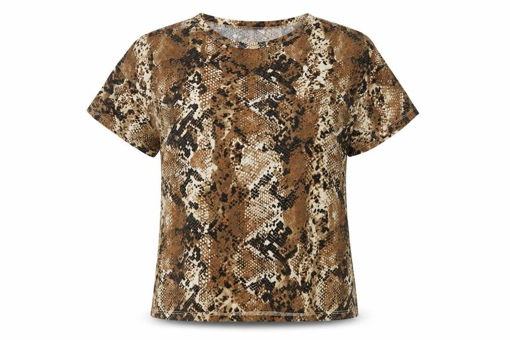 Front view of Zara women’s brown animal print polyester basic t-shirt, size S, round neck