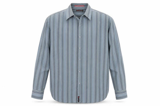 Front view of Duke men’s blue striped polyester button-up, size 2XL, collared