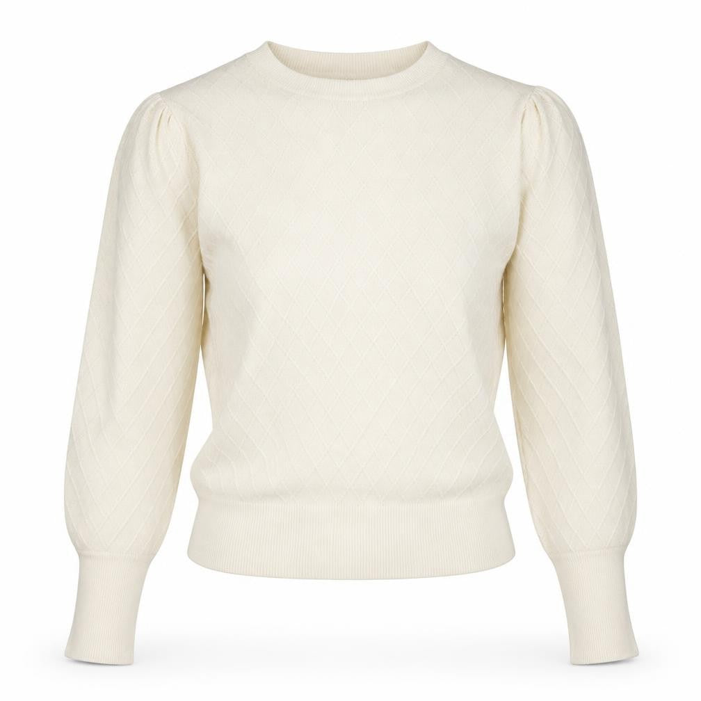 Front view of Marks & Spencer women’s white crew neck acrylic jumper, size UK 8
