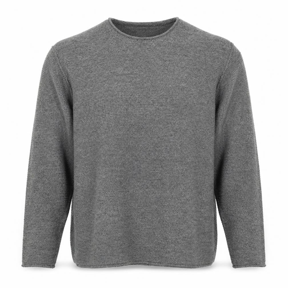 Front view of H&M men’s grey round neck acrylic jumper, size L