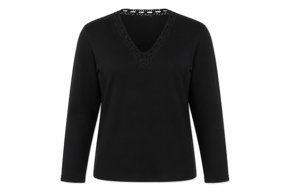 Front view of women’s black viscose pullover sweatshirt, size M