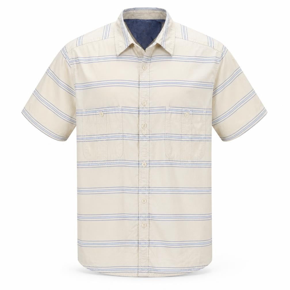 Front view of Next men’s yellow striped cotton button-up, size L, collared